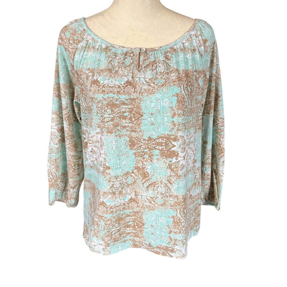 Hannah women's patterned pullover top 3/4 sleeve light teal and brown small - Picture 1 of 10